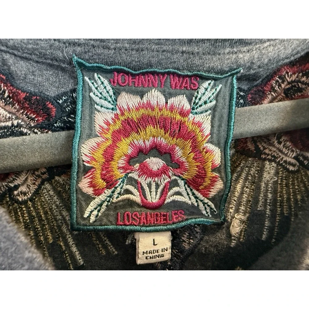 Johnny Was Selah Cuffed Puff Long Tee Gray Crew Floral Embroidery Shirt Large